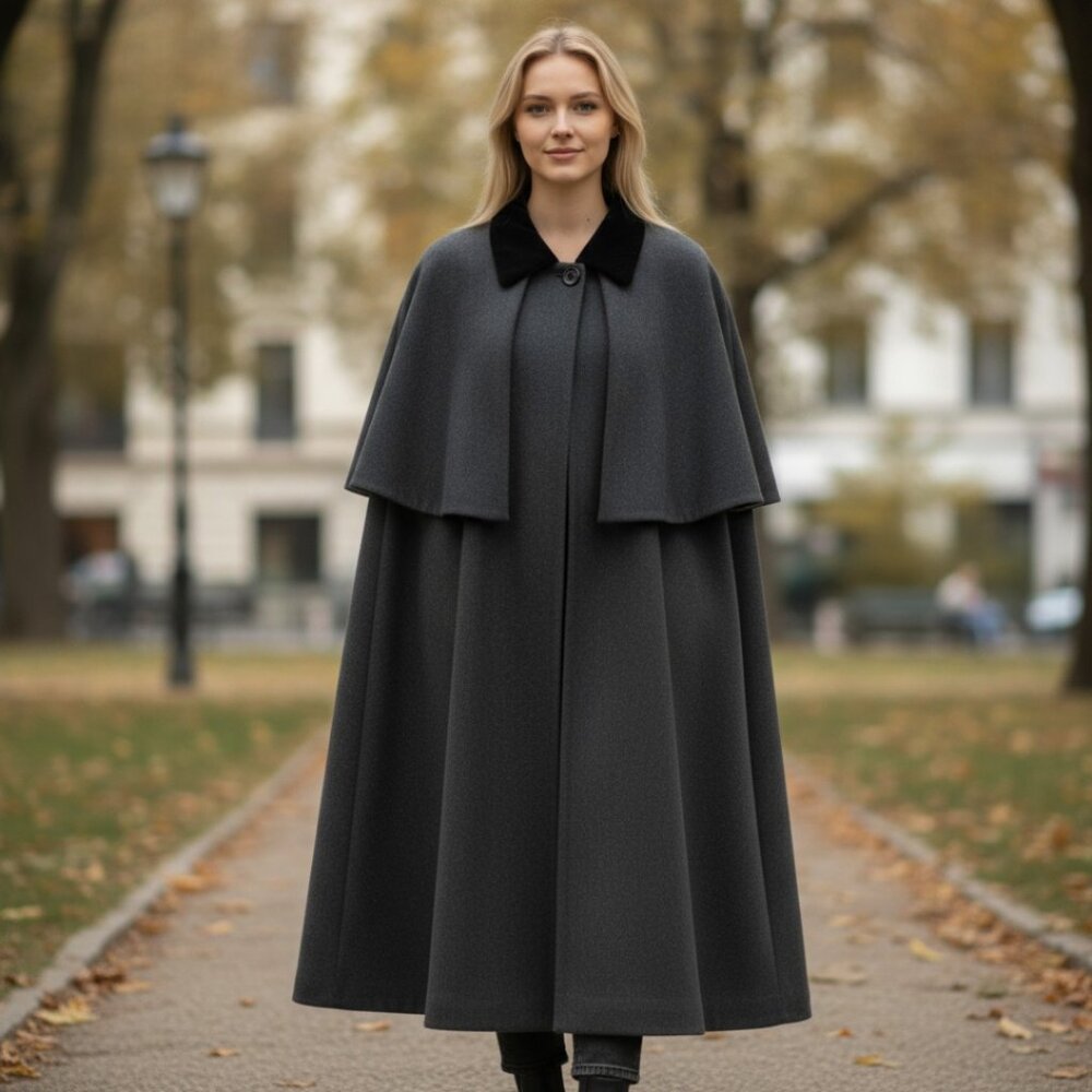 Designer Dario Italy Grey/Black Velvet Collar 100% Wool Long Cape Size M/L